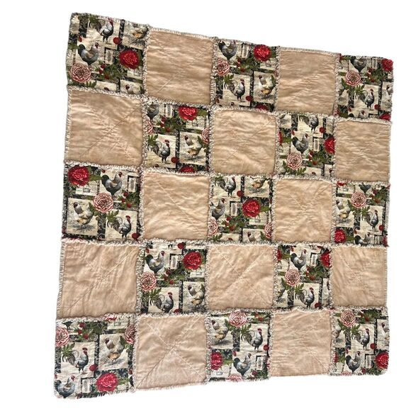 Handmade Other - vintage handmade Chicken & Roses Print Quilt Throw Blanket 42x42